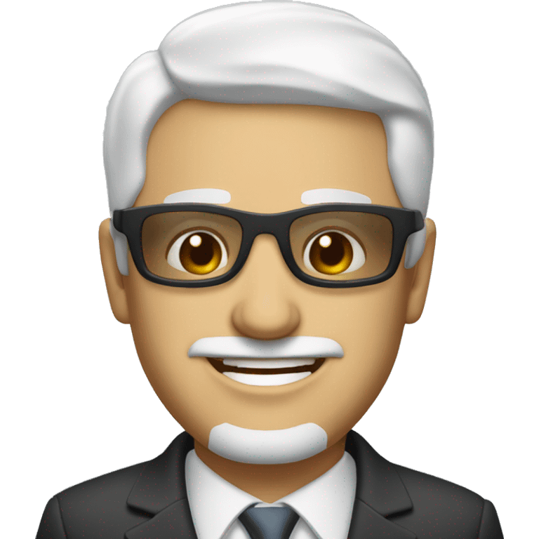 A middle age beardless smiling businessman with short white hair wearing sunglasses. emoji