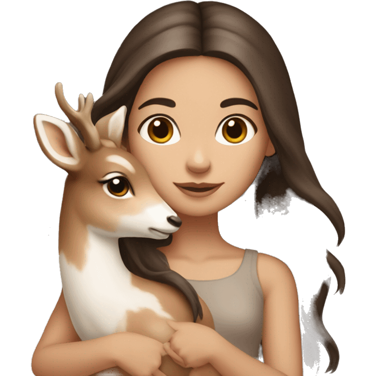 white girl with dark brown long hair holding fawn deer emoji