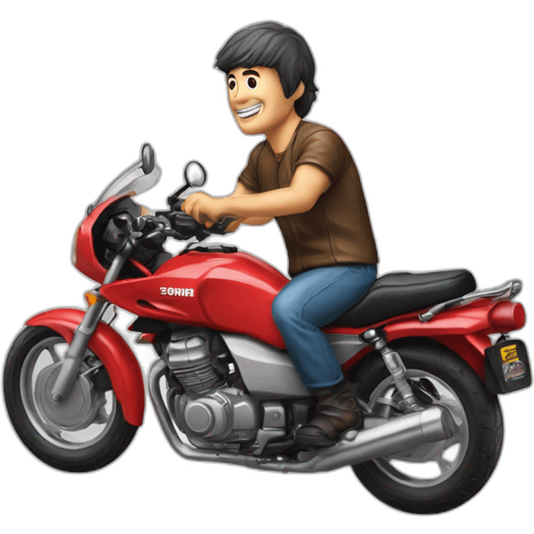 A middle age man wheelie the motorcycle honda Red 250 cc 1985 emoji