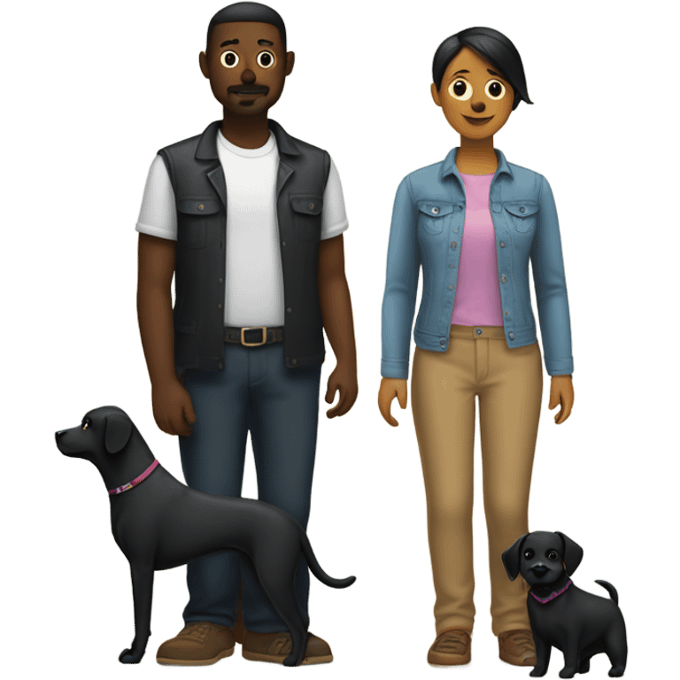 Lesbian woman and gay man stand next to a black dog emoji