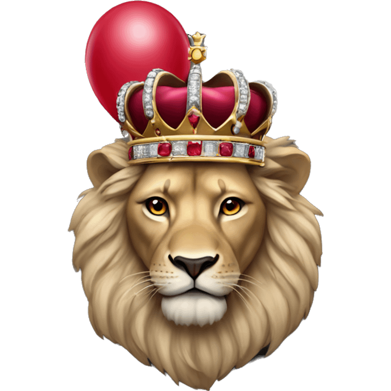 King crown with diamonds and ruby’s lion wearing the crown holding a black balloon  emoji