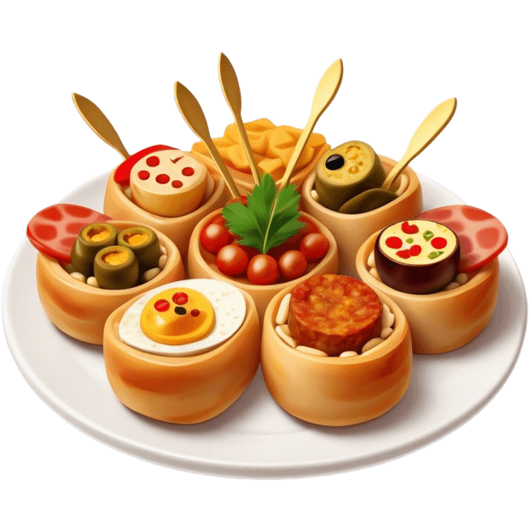 Tapas (4 Pintxos) Cinematic Realistic Tapas Dish Emoji, depicted as an assortment of 4 pintxos elegantly arranged on a plate, rendered with lifelike textures and vibrant, inviting lighting. emoji