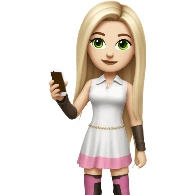 Realistic White girl with Long straight blonde hair, green eyes, tattoos, full body wearing white dress and pink knee-high leather boots, doing cute selfie pose emoji