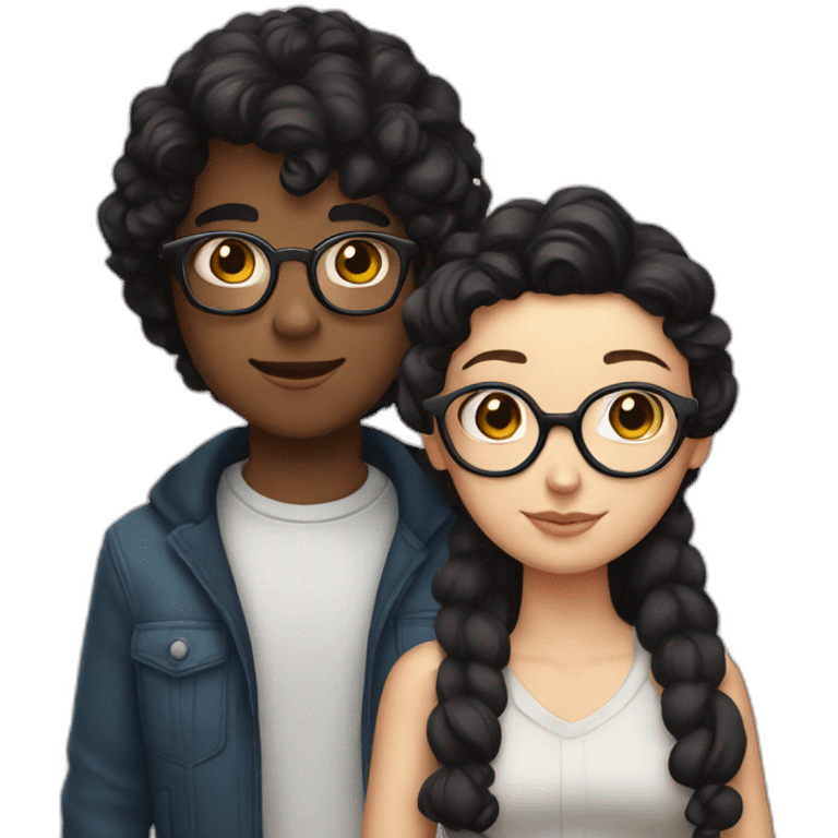 a white Boy with black hair and curler and with glasses on. and a white girl with long brown hair without glasses, hugging each other emoji