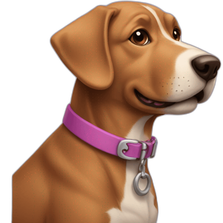 a purple dog with a brown nose and a pink collar with a bone happy  emoji