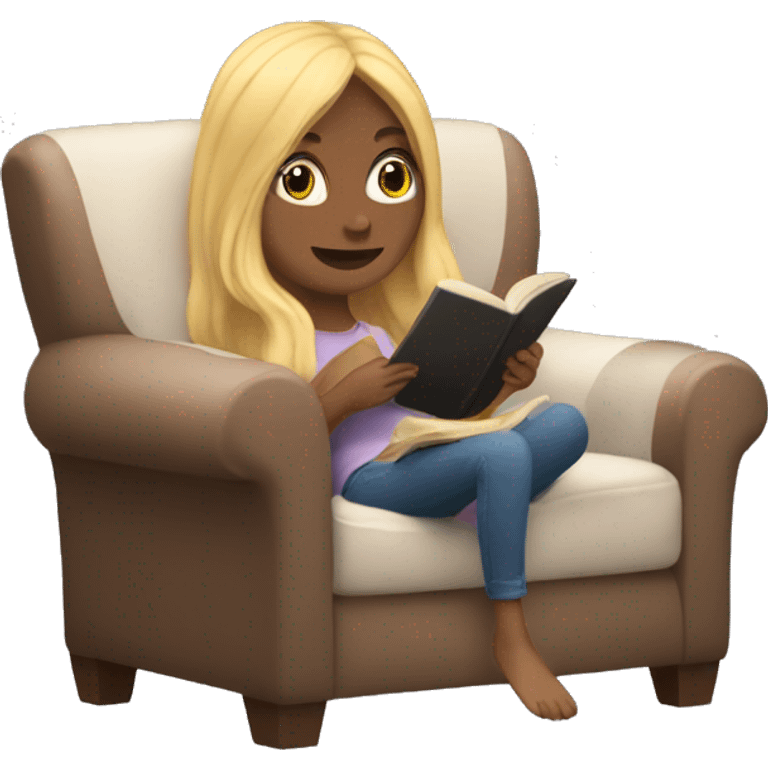 long hair white girl reading a book in cozy chair  emoji