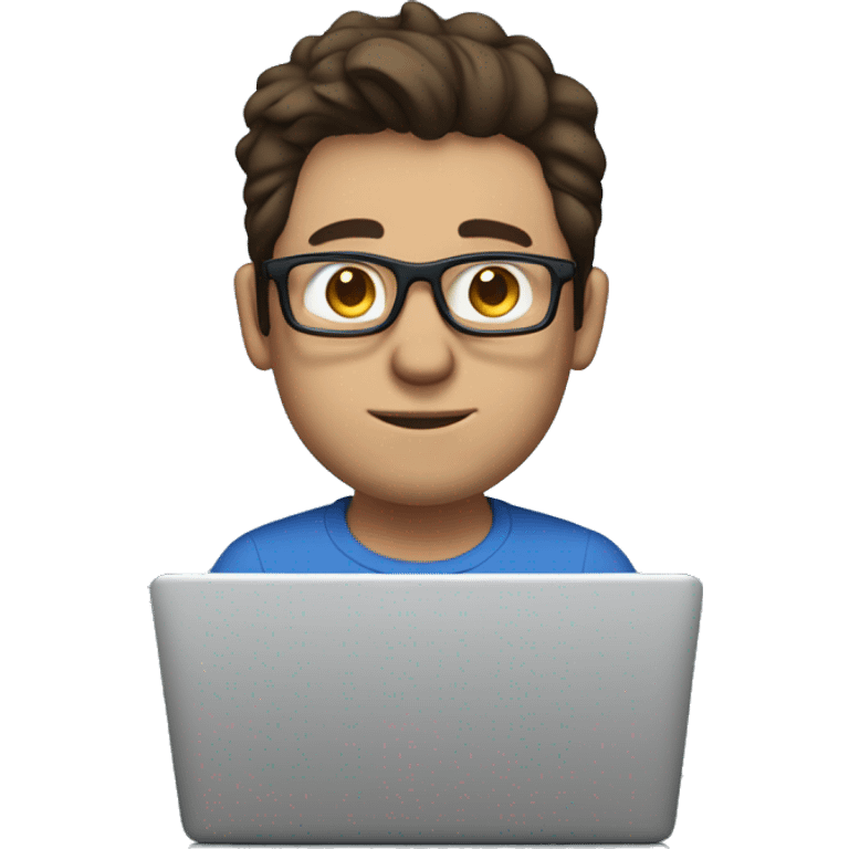 white guy with no beard dark brown hair brad pit style and square glasses typing in laptop wearing blue t-shirt emoji