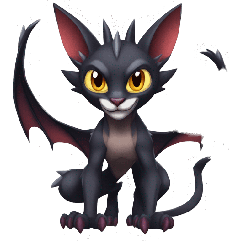 Black cool vampiric Noivern-Litten-Lykoi-Caracal-Fakemon with big bat ears and big fangs full-body emoji