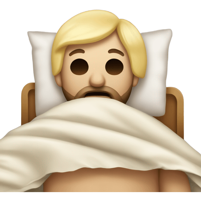 A blonde guy with beard, side fade cut and top long laying in bed with a blanket covering him up to his shoulders, a sleep mask on, and a pacifier in his mouth. emoji