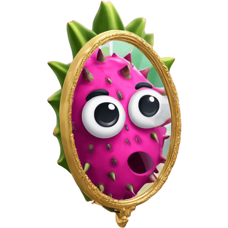 3D elegant Pitahaya with large shiny eyes 👀 Pitahaya hand holds the mirror with its reflection 🪞 emoji