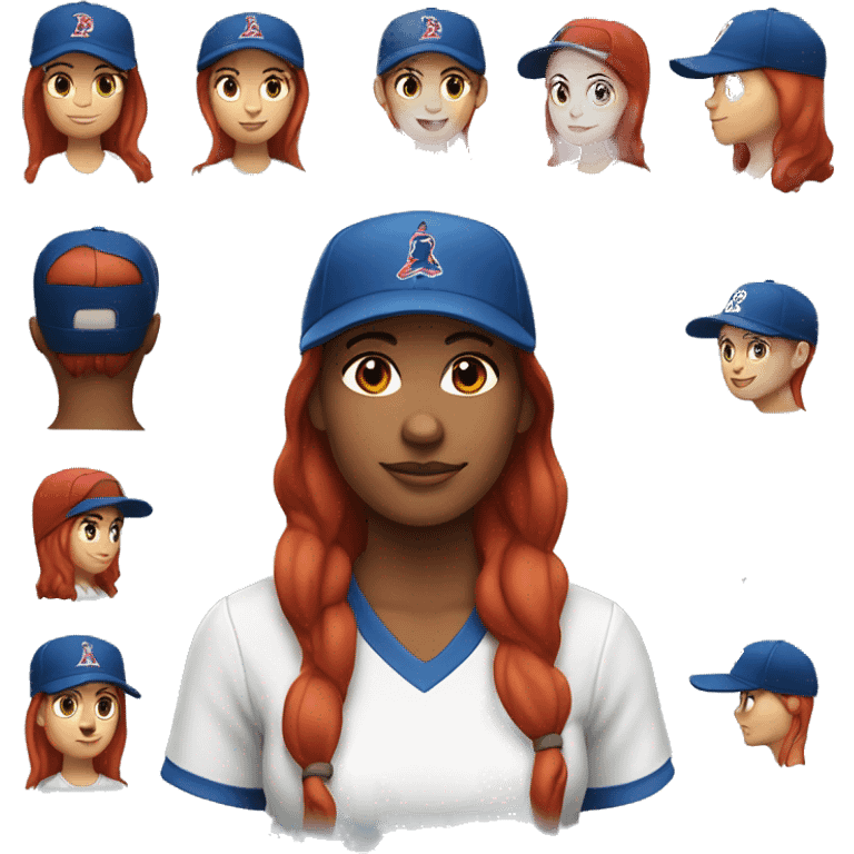 front facing, standing female coach with long red hair, wearing a white t-shirt and a simple blue baseball hat emoji