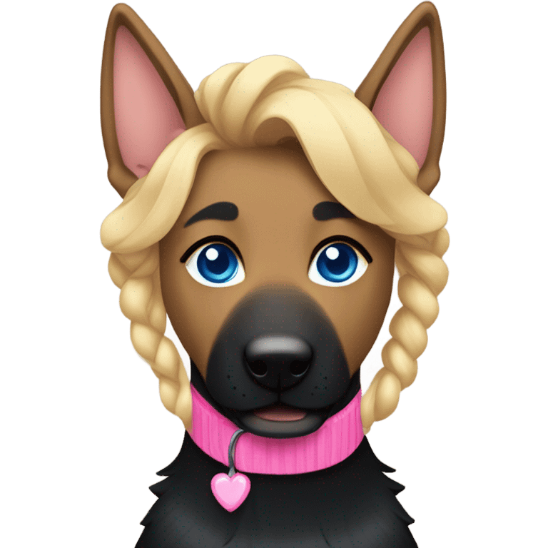 black german shepherd wearing a pink collar with her owner who has blue eyes and sandy blonde hair in a single braid emoji