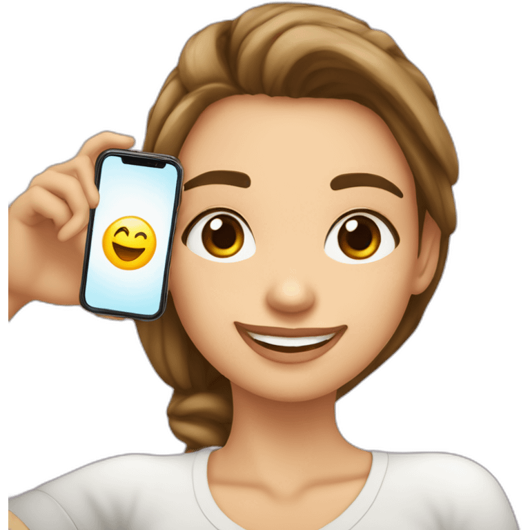 una chica blanca de 17 años haciéndose un selfie con el móvil y sonriendo emoji