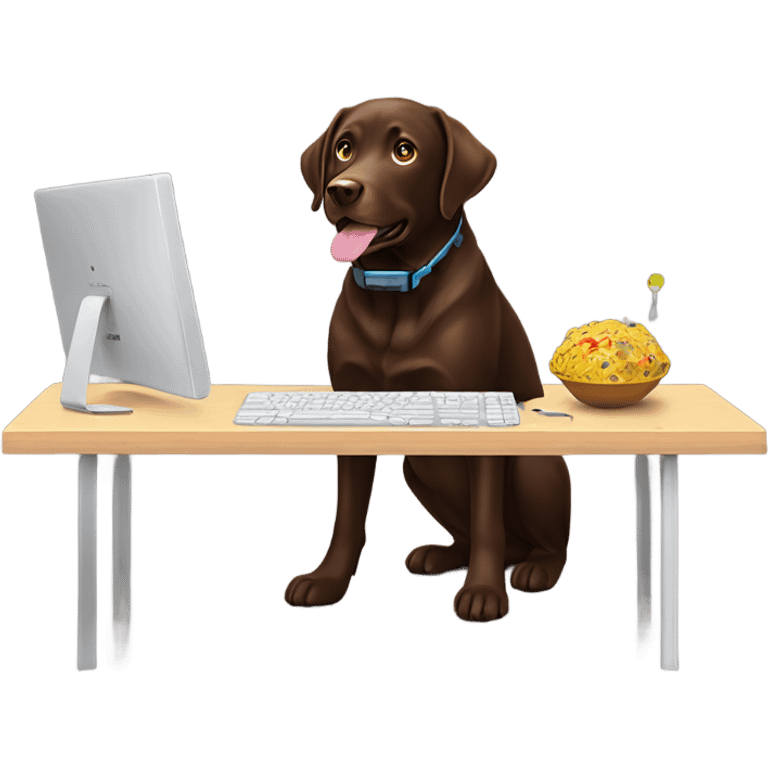 Chocolate lab working on computer with small headset , food on desk emoji