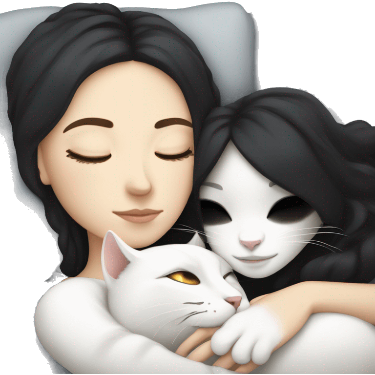 White girl with black hair sleeping with white cat emoji