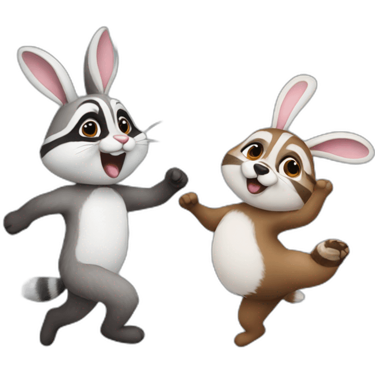 bunny and raccoon dancing together emoji