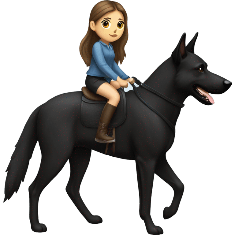 Brown hair girl in ponytail riding black German shepherd like horse emoji