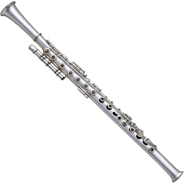 Create an elegant and refined emoji representing a classical silver flute. The design should showcase the sleek, polished silver body of the flute with its keywork and tone holes clearly visible. Highlight the smooth, straight shape of the instrument with subtle light reflections on its metal surface. The keys should be delicately detailed, with their small, round pads visible. Add a slight shine to the flute’s surface to reflect its high-quality craftsmanship. Optionally, include subtle musical notes floating around the flute to evoke its light, melodic sound. The background should be transparent. emoji