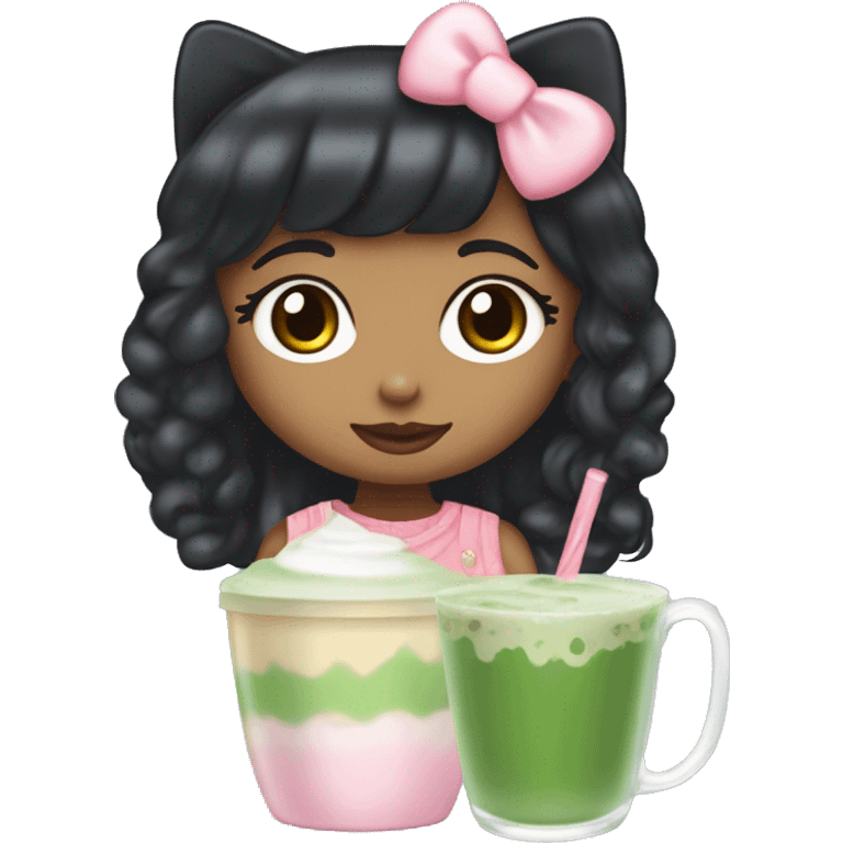 5’2 Latina that loves hello kitty and iced matcha latte with strawberry cold foam, she has black hair and brown eyes and is hella small emoji