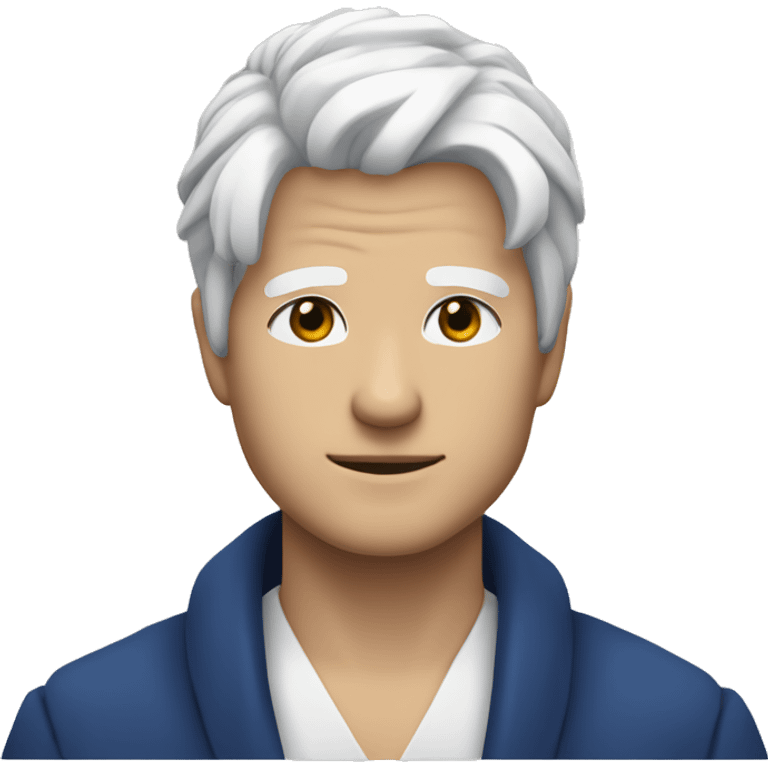 A man with white hair and blue eyes and his name is Gojo saturo and he is japanese emoji