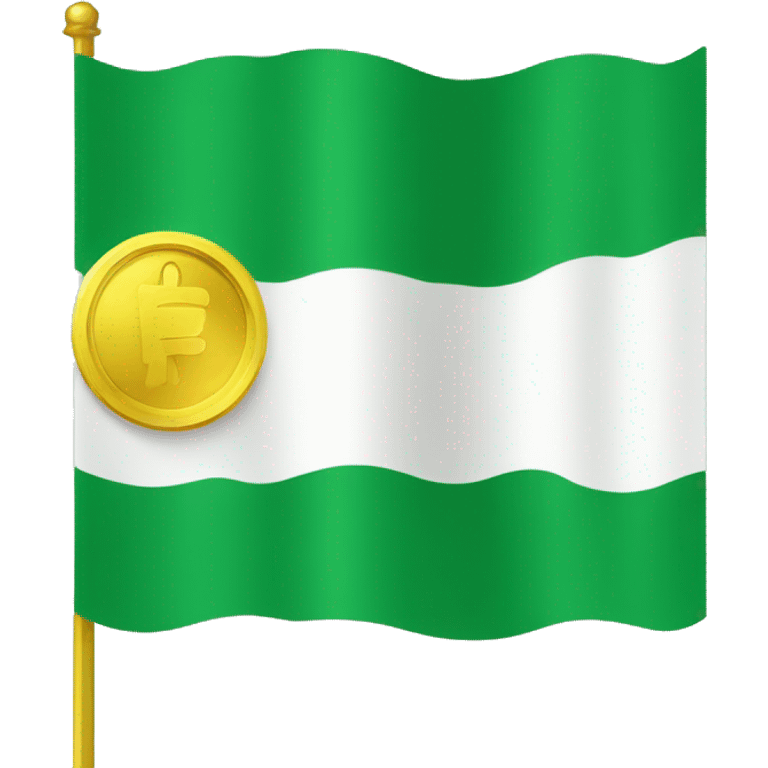 The flag design is a green field charged with a yellow coin containing white text. Green represents peace, gold represents prosperity, and white represents purity. emoji