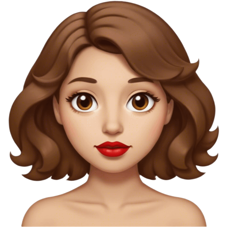 A brown-hair woman slightly curled, with light skin, almond shaped eyes, red lipstick. She has 2 moles : a mole on the right cheek and a mole juste above the lip on the left side emoji