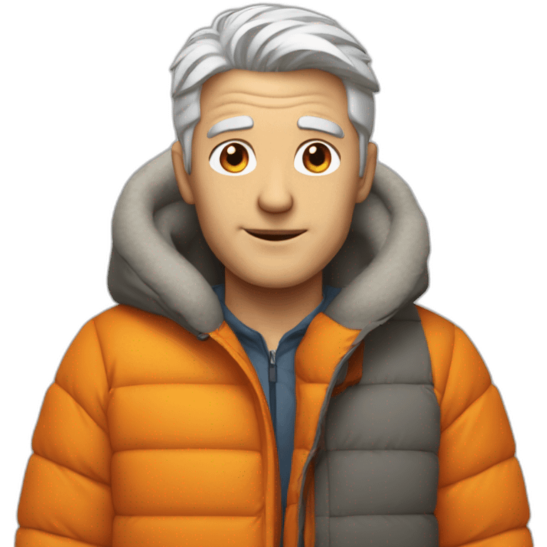 young gray-haired white man with an orange down jacket emoji