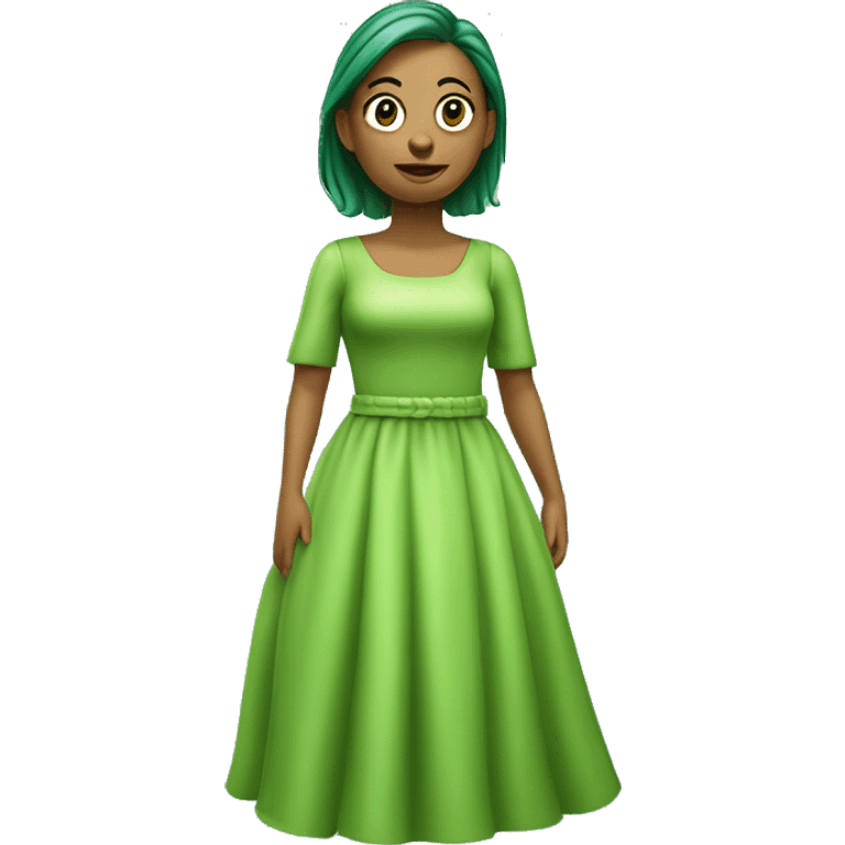 Crie uma ilustração 3D de um O personagem com vestido verde, cabelos curtos e liso, pele clara, olhos levemente
puxados. emoji