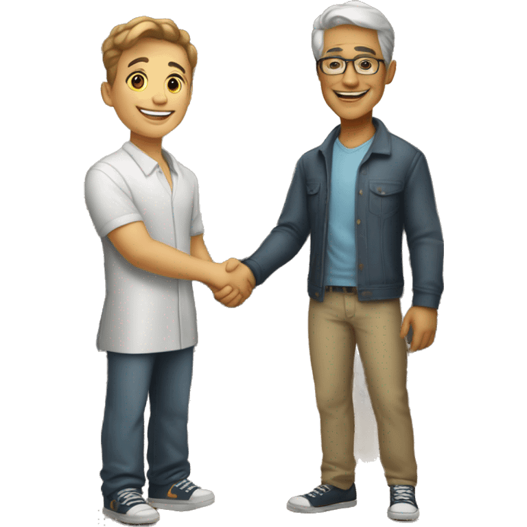 an old restaurant owner and young blogger in youth clothes, shaking hands, both with light skin, in great detail, in full height emoji