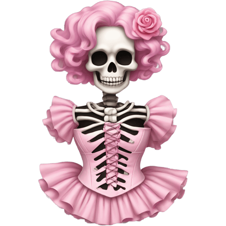 Skeleton wearing a pink laced corset top with ruffles  emoji