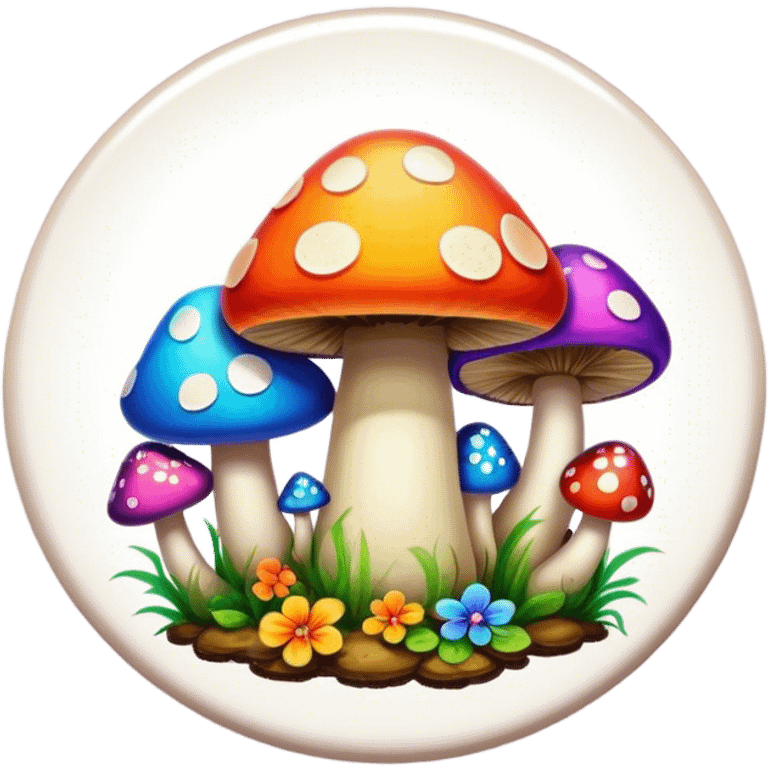 A round psychedelic colored button with bezeled edges and colorful hippie style mushrooms emoji