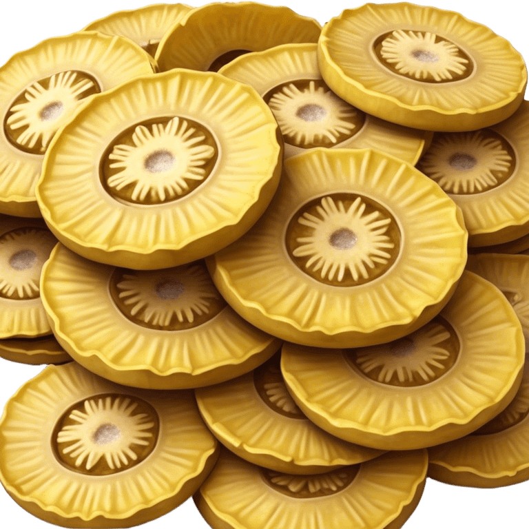 Patacones Cinematic Realistic Patacones Dish Emoji, depicted as crushed, crispy plantain discs, rendered with rich textures and dynamic, natural lighting. emoji