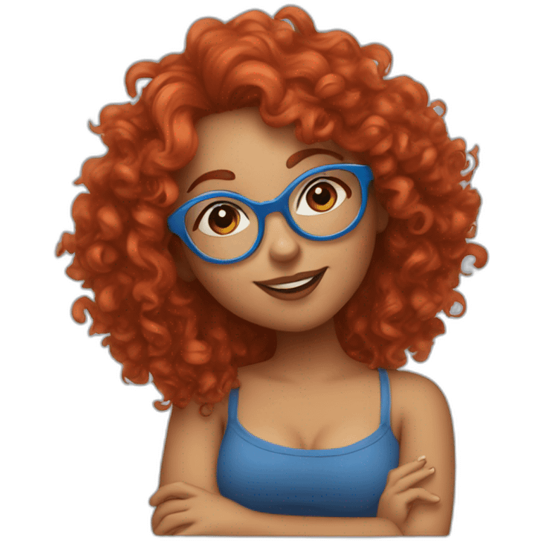 a curvy girl with curly red hair and blue glasses blowing a kiss emoji