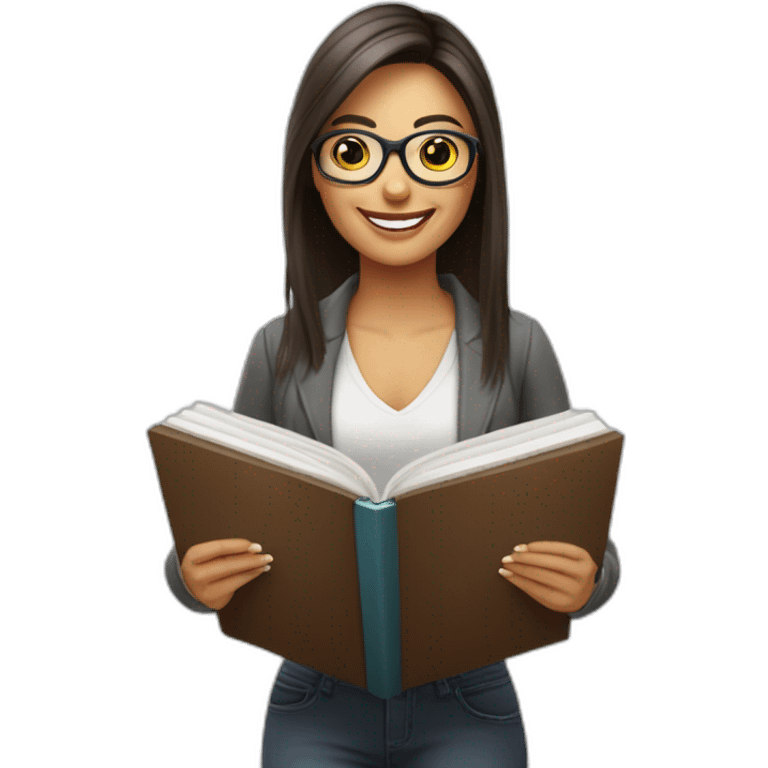 Mujer cabello corto çon lentes, sonriendo con un libro de marketing en la mano emoji