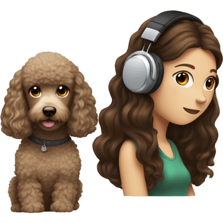 White girl, dark long hair in headphones with brown poodle emoji