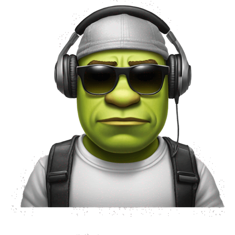 shrek very serious being a dj, with a cap and sunglasses with silver lenses emoji