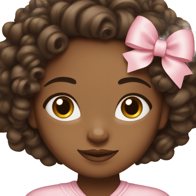 Brunette curls with a pastel pink bow on a brown girl emoji