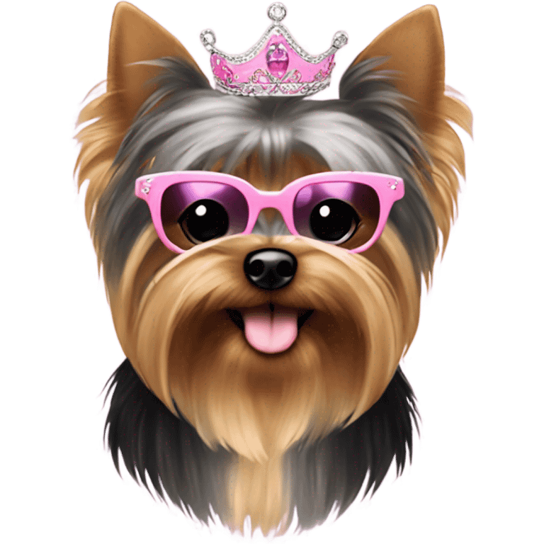 Yorkie with tiara and fluffy pink and black jacket and sunglasses  emoji