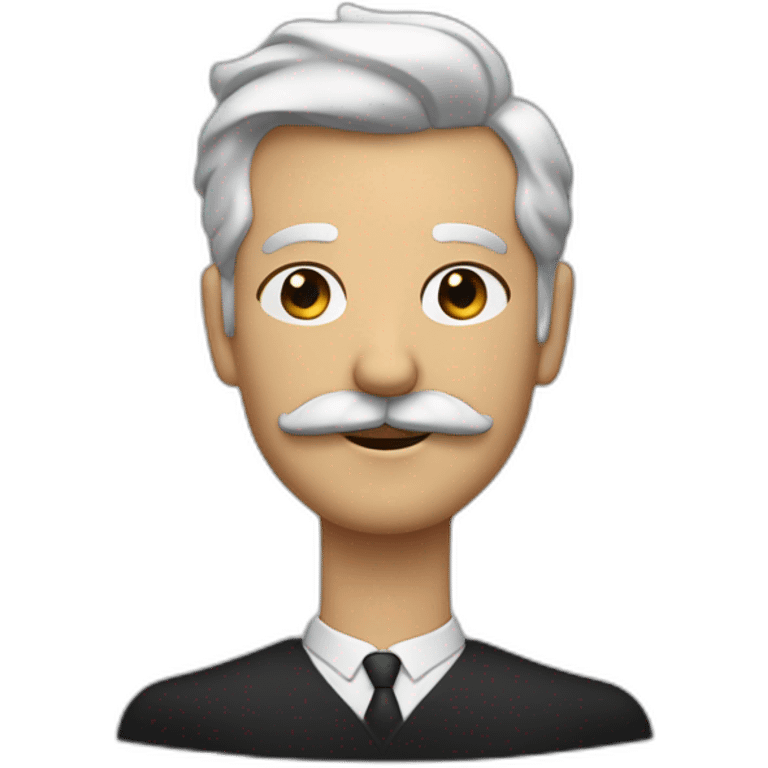 Un homme blanc avec un costume noir et une moustache noire et des cheveux noir plaqué emoji