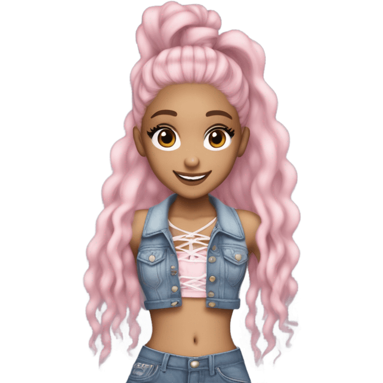 Ariana grande wearing a Shakira lace up croc top and short jeans and pink highlights  emoji