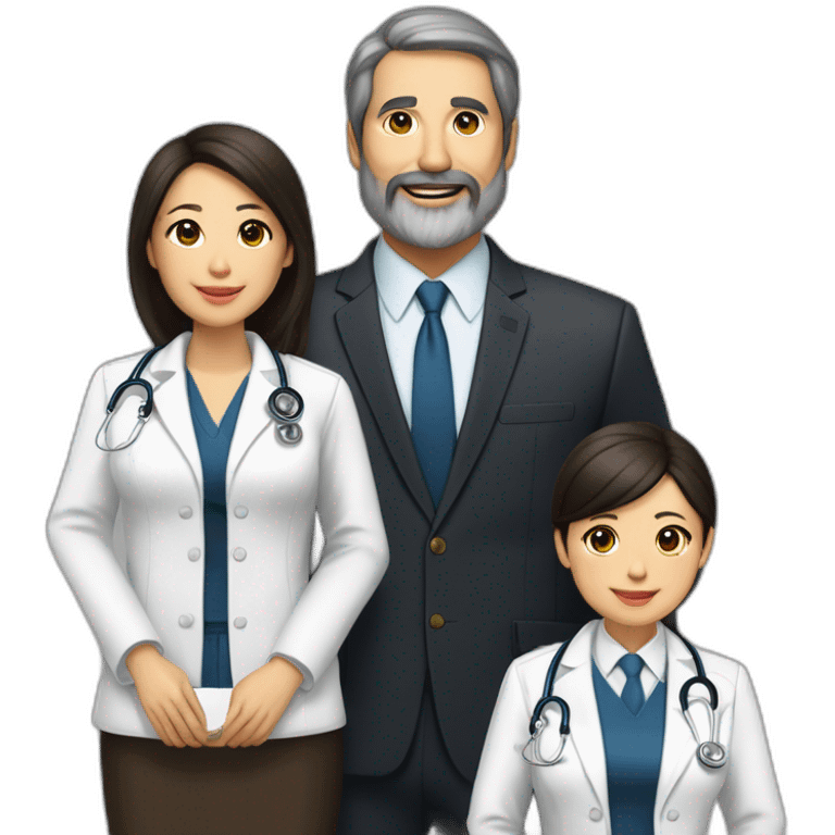 husband american age 64 dark brown hair trimmed beard wearing a business suit holding a bible, wife asian age 64 black shoulder length hair wearing nurse uniform, two daughters age 30 and 37 emoji