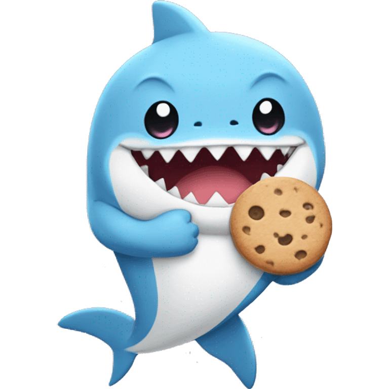 cute anime fluffy shark with paws, feet and a tail, holding a cookie emoji