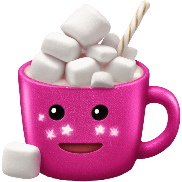 Hot coco with a hot pink sparkly mug and marshmallow  emoji