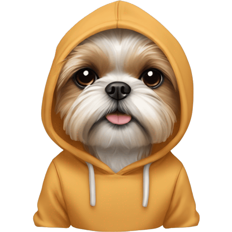 A butterscotch shih tzu/ Yorkie mix wearing a hoodie emoji