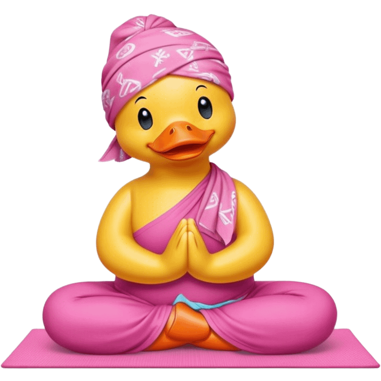 side view of yellow rubber duck with a pink bandana doing yoga while praying emoji