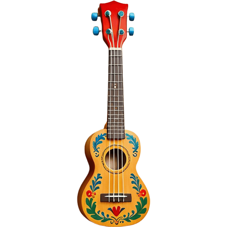 Create a vibrant and artistic emoji representing a ukulele with a Mexican design. The ukulele should feature a bright, colorful body with traditional Mexican patterns, such as geometric shapes, floral motifs, or colorful stripes. Use rich, warm tones like red, yellow, green, and blue to give the instrument a lively, festive look. Highlight the wood grain of the ukulele’s neck and fingerboard, and add subtle details like decorative inlays or a small Mexican flag symbol on the body. The strings should be clearly visible, and the instrument should be in a slightly angled position to showcase its unique design. The background should be transparent. emoji