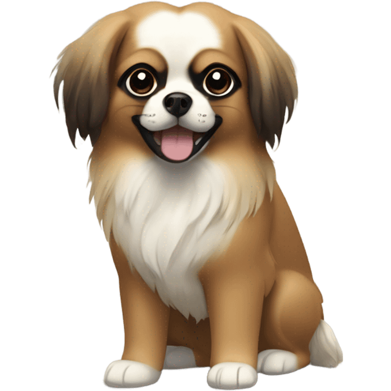 Tibetan Spaniel. It has a brown face, large black eyes, and its fur is white and fluffy. emoji