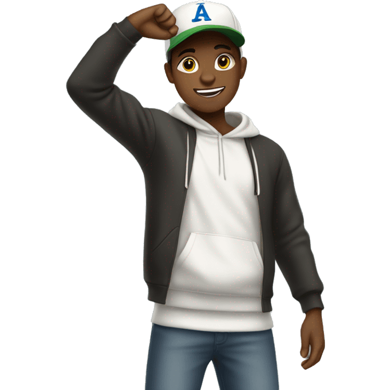 Black teenager wearing baseball cap with hoodie and arms up emoji