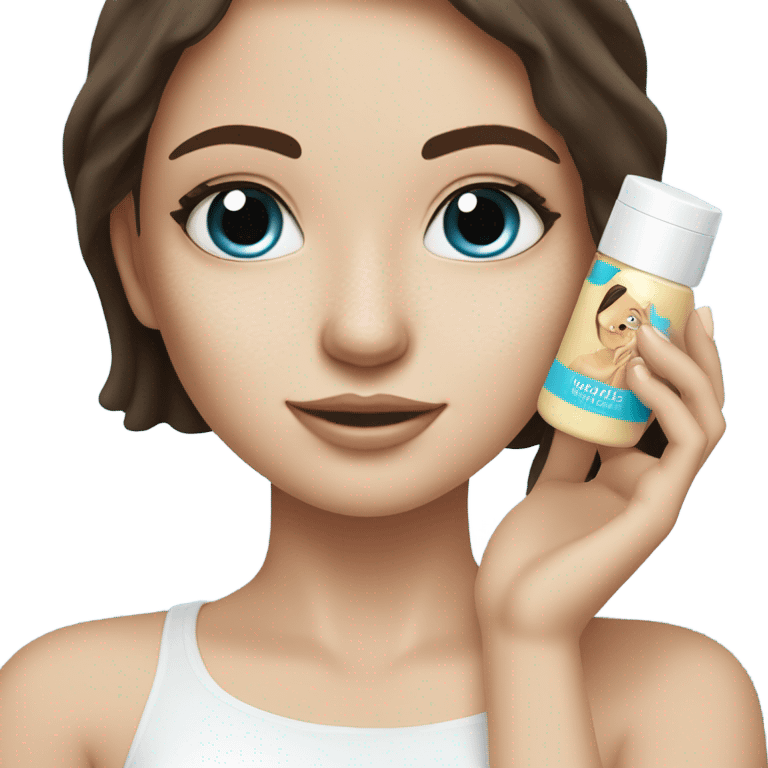 White Skin care on white freackles skin of a brunett blue eyed girl using skin care products  emoji