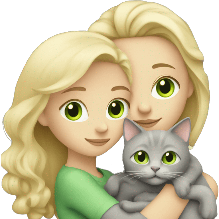 blonde girl with green eyes cuddling grey cat emoji